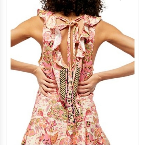 Free People Linen Pink/Cream Floral Print Ruffled Hem Tunic/Mini Dress Size L - Picture 2 of 12